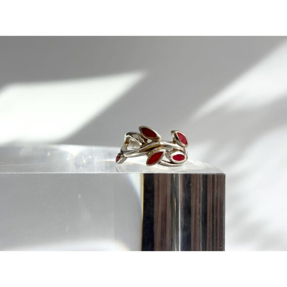 Olive Branch Natural Coral Accented Wrap 925 Sterling Silver Vintage Ring - sz 6 - Picture 2 of 13